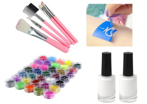 Zestaw do Tatuażu Brokaty Matowy Puder 2 Kleje Pędzelki 187 Wzorów Zestaw do Tatuażu Brokaty Matowy Puder 2 Kleje Pędzelki 187 Wzorów