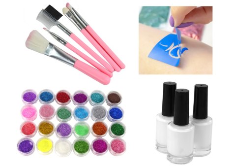 Zestaw do Tatuażu Brokaty Matowy Puder 3 Kleje Pędzelki 187 Wzorów Zestaw do Tatuażu Brokaty Matowy Puder 3 Kleje Pędzelki 187 Wzorów