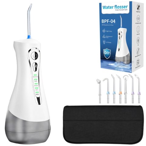 Irygator dentystyczny do zębów bezprzewodowy 4 tryby 7 końcówek 300 ml - zestaw