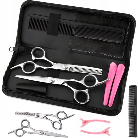 Zestaw narzędzi fryzjerskich do włosów brody w etui nożyce degażówki grzebień spinki - 7 el.