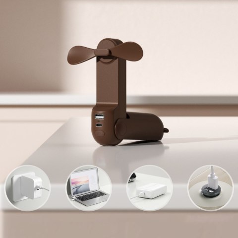 Mini wentylator wiatrak przenośny z funkcją powerbanka latarką USB-A USB-C 2000mAh - brązowy