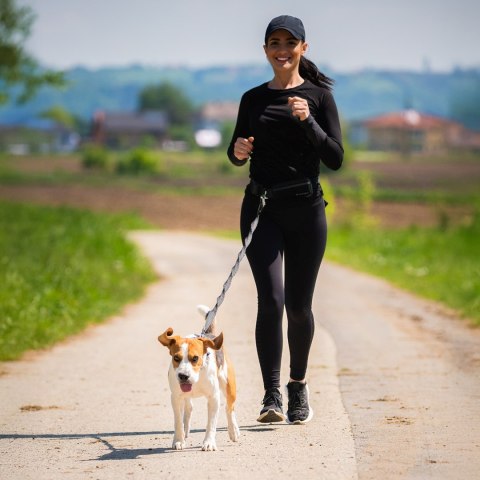 Pas biodrowy do biegania z psem z saszetką elastyczną smyczą - czarny