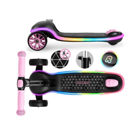 Hulajnoga trójkołowa dla dzieci balansowa LED Ricokids Leddi - czarno-różowa