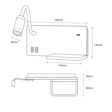 Lampa nocna z półką Shelf Led 4W+5W+2W lewa Czarny
