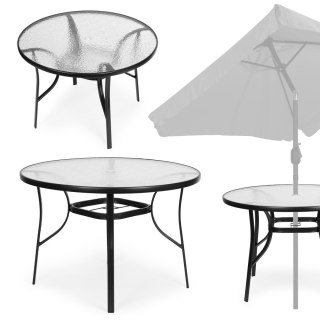 Stolik ogrodowy okrągły 105 cm na taras ogród balkon szkło hartowane otwór na parasol MultiGarden